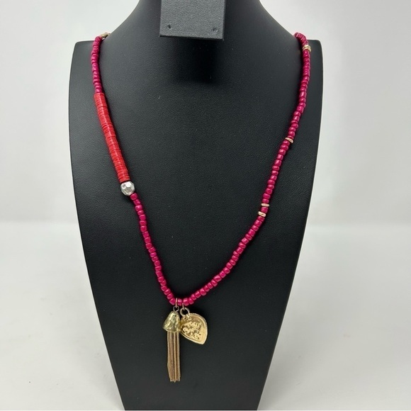 Chico's Jewelry - Chico's Boho Pink, Red and Orange Long Necklace with Gold Tone Heart and Tassel